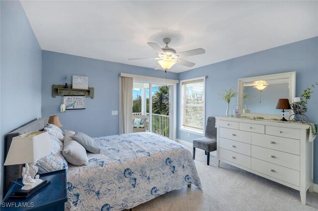 654 Sea Oats Dr, Sanibel, FL 33957 - bedroom featuring access to outside, light carpet, ceiling fan, and baseboards