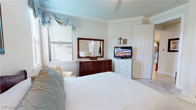 5872 Mayflower Way, Ave Maria, FL 34142 - bedroom with crown molding, light carpet, baseboards, and a ceiling fan