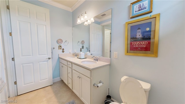 5872 Mayflower Way, Ave Maria, FL 34142 - bathroom with crown molding, double vanity, tile patterned floors, and toilet