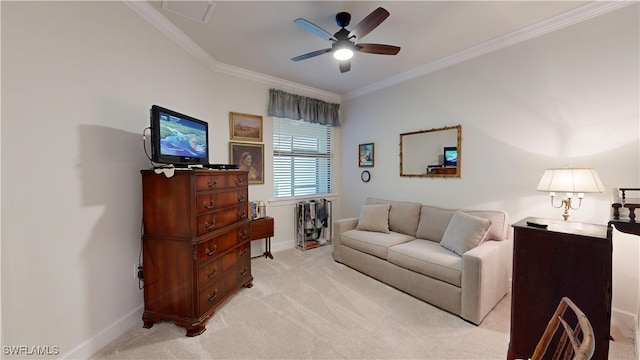 5872 Mayflower Way, Ave Maria, FL 34142 - living room with light colored carpet, crown molding, ceiling fan, and baseboards