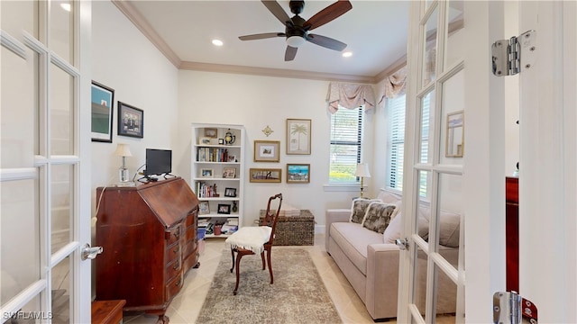 5872 Mayflower Way, Ave Maria, FL 34142 - living area with light tile patterned floors, ceiling fan, ornamental molding, and recessed lighting