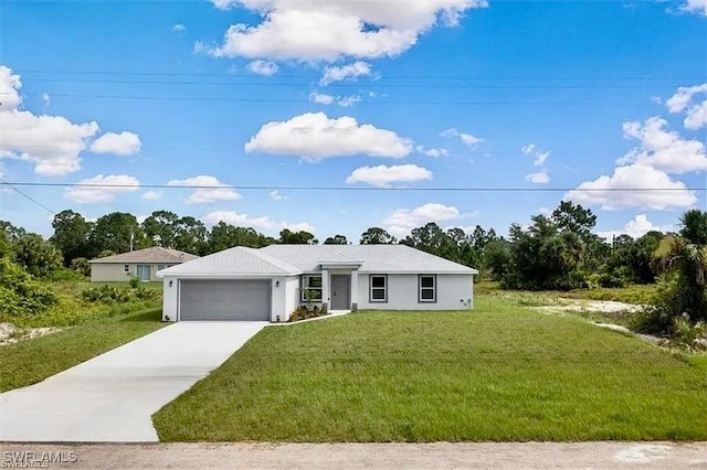 1143 Florence St E, Lehigh Acres, FL 33974 - ranch-style house featuring an attached garage, driveway, a front lawn, and stucco siding