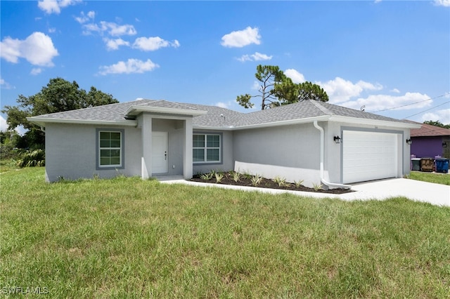 336 Ranchito Ave, Lehigh Acres, FL 33974 - ranch-style home with stucco siding, a garage, a front yard, and driveway