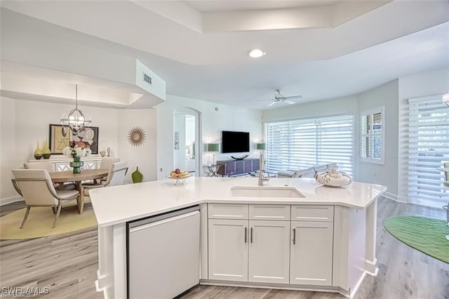 9232 Aviano Dr Unit 102, Fort Myers, FL 33913 - kitchen with dishwasher, a sink, open floor plan, light wood-style flooring, and a tray ceiling