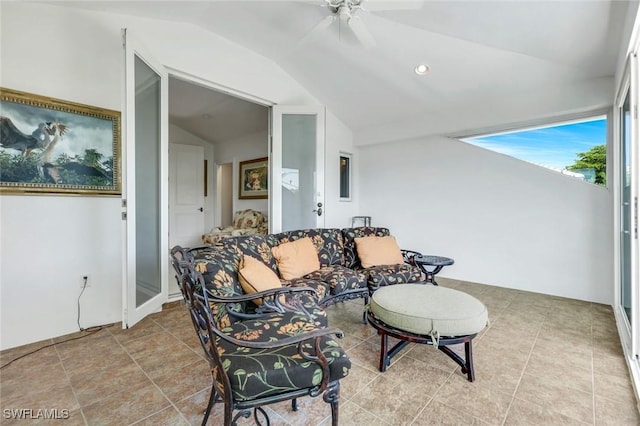 491 Wedge Dr, Naples, FL 34103 - living area featuring lofted ceiling, ceiling fan, tile patterned floors, and recessed lighting