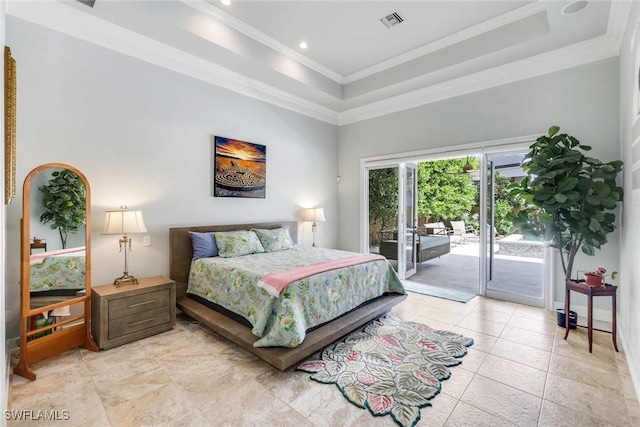 491 Wedge Dr, Naples, FL 34103 - bedroom with access to outside, crown molding, a tray ceiling, light tile patterned floors, and recessed lighting