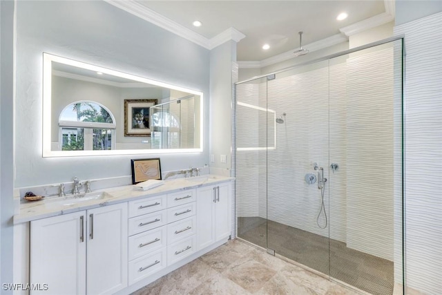 491 Wedge Dr, Naples, FL 34103 - full bathroom with ornamental molding, a shower stall, double vanity, and recessed lighting