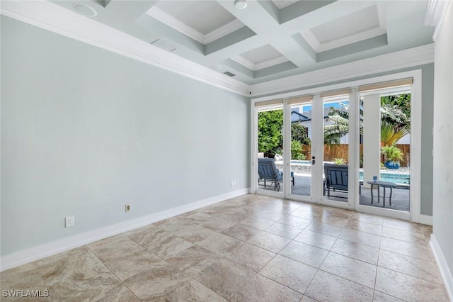 491 Wedge Dr, Naples, FL 34103 - unfurnished room with french doors, coffered ceiling, beamed ceiling, and ornamental molding