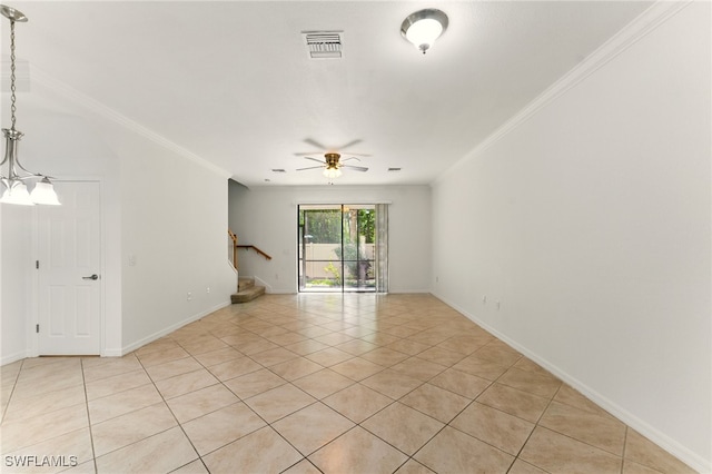 14631 Summer Rose Way, Fort Myers, FL 33919 - empty room with light tile patterned floors, stairway, ceiling fan, ornamental molding, and baseboards