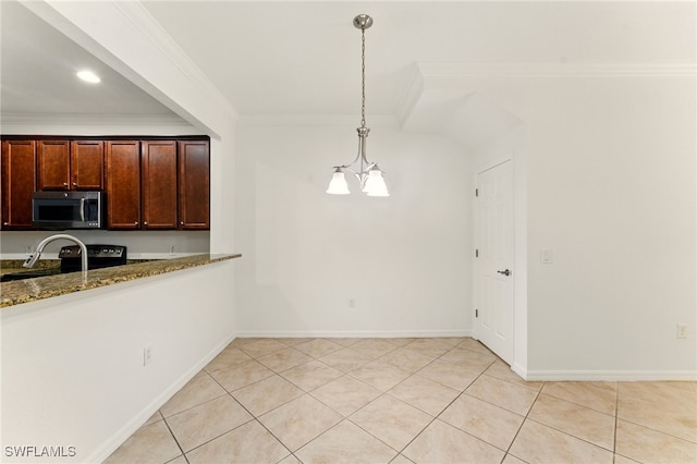 14631 Summer Rose Way, Fort Myers, FL 33919 - kitchen featuring stainless steel appliances, crown molding, stone countertops, a chandelier, and hanging light fixtures