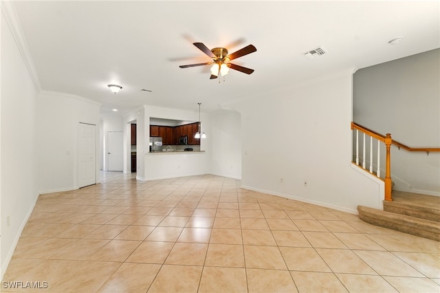 14631 Summer Rose Way, Fort Myers, FL 33919 - unfurnished living room with ceiling fan, light tile patterned flooring, stairs, crown molding, and baseboards