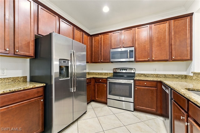 14631 Summer Rose Way, Fort Myers, FL 33919 - kitchen featuring stainless steel appliances, light tile patterned floors, ornamental molding, and light stone countertops