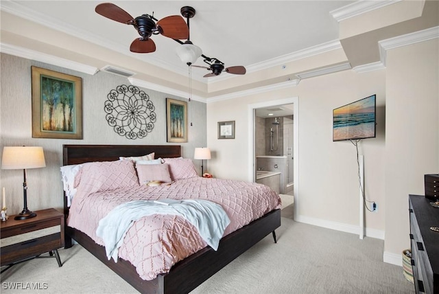 2745 1st St Unit 1602, Fort Myers, FL 33916 - bedroom featuring ornamental molding, light carpet, baseboards, connected bathroom, and a ceiling fan