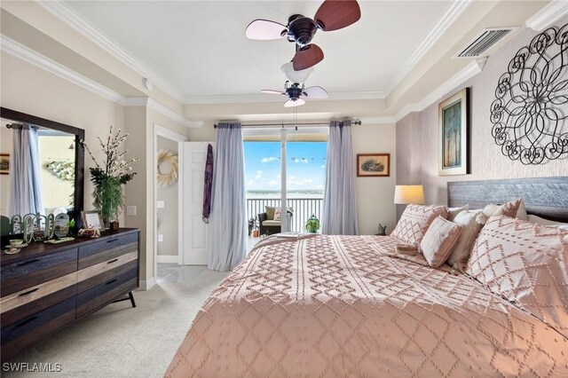 2745 1st St Unit 1602, Fort Myers, FL 33916 - bedroom featuring access to exterior, a water view, light colored carpet, ornamental molding, and baseboards