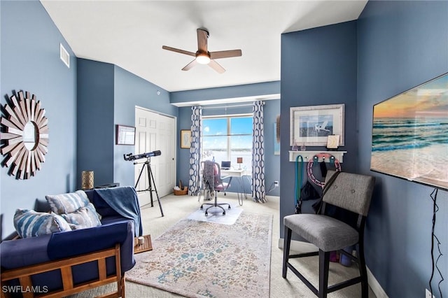 2745 1st St Unit 1602, Fort Myers, FL 33916 - living area with a desk, carpet floors, a ceiling fan, and baseboards