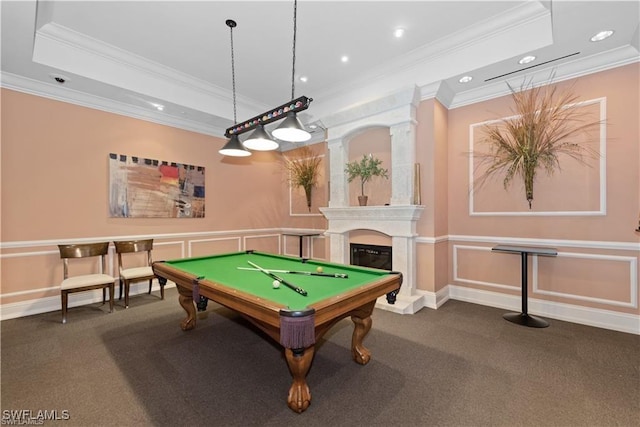 2745 1st St Unit 1602, Fort Myers, FL 33916 - game room featuring a raised ceiling, ornamental molding, recessed lighting, billiards table, and a decorative wall