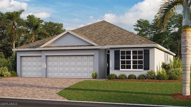 2013 NE 6th Ave, Cape Coral, FL 33909 - view of front of property with decorative driveway, a garage, a front lawn, and stucco siding