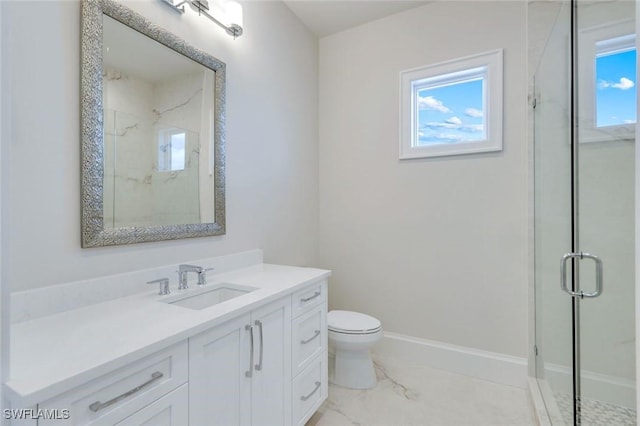 954 Sundrop Ct, Marco Island, FL 34145 - full bathroom with vanity, a stall shower, toilet, marble finish floors, and baseboards