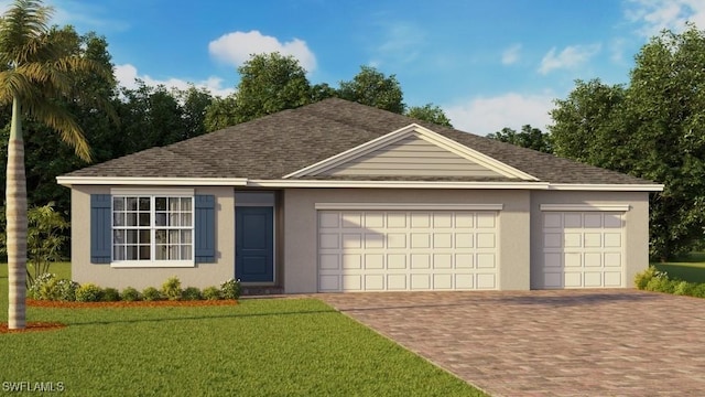 2611 NW 9th Ave, Cape Coral, FL 33993 - ranch-style home with a garage, decorative driveway, a front lawn, roof with shingles, and stucco siding