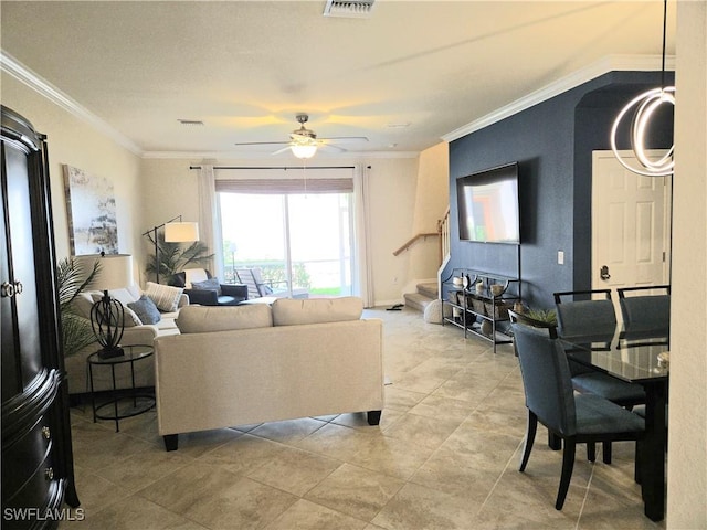 8874 Via Isola Ct, Fort Myers, FL 33966 - living room with stairway, crown molding, a ceiling fan, and light tile patterned floors