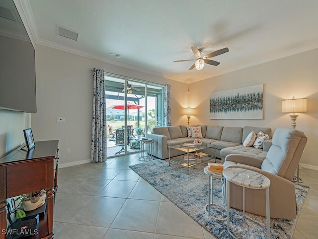 2174 Clementine St, Naples, FL 34120 - living area featuring ceiling fan, baseboards, ornamental molding, and light tile patterned floors