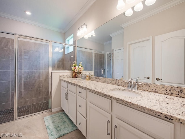 2174 Clementine St, Naples, FL 34120 - bathroom with a shower stall, double vanity, tile patterned floors, and crown molding