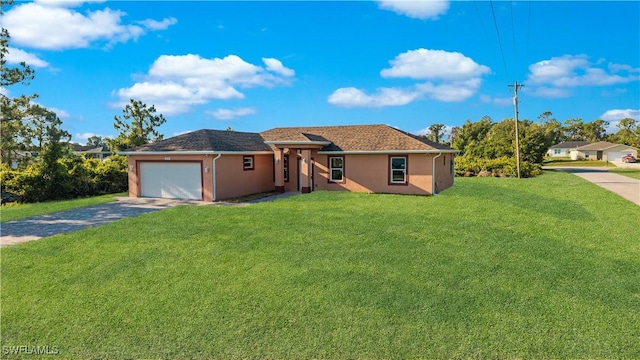 3113 68th St W, Lehigh Acres, FL 33971 - ranch-style home with gravel driveway, a garage, a front lawn, and stucco siding