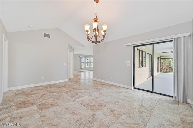 14938 Randolph Dr, Fort Myers, FL 33905 - unfurnished room featuring a chandelier, vaulted ceiling, baseboards, and a ceiling fan