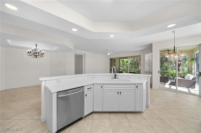 1630 Tarpon Bay Dr S Unit 102, Naples, FL 34119 - kitchen with dishwasher, a raised ceiling, a sink, a chandelier, and recessed lighting