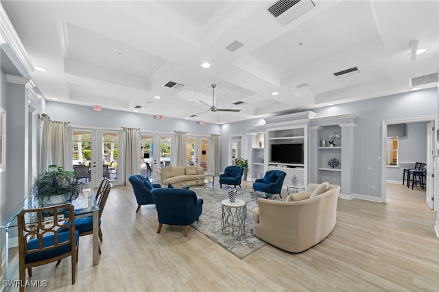 1630 Tarpon Bay Dr S Unit 102, Naples, FL 34119 - living room featuring coffered ceiling, light wood finished floors, ceiling fan, baseboards, and ornamental molding