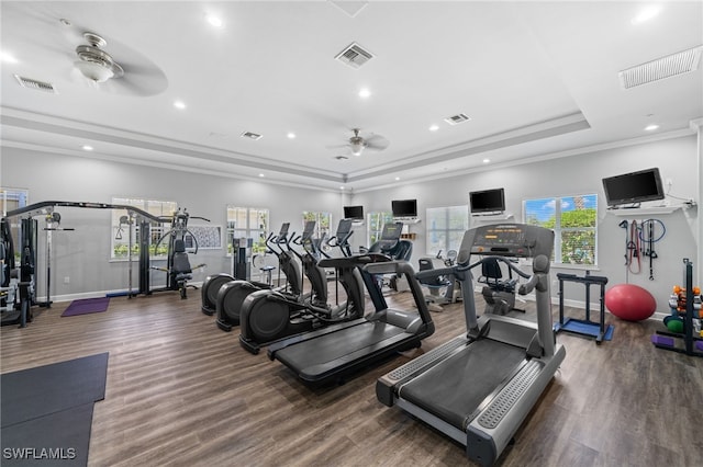 1630 Tarpon Bay Dr S Unit 102, Naples, FL 34119 - gym with ceiling fan, a tray ceiling, wood finished floors, recessed lighting, and baseboards