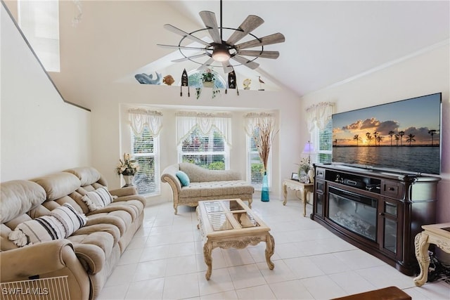 1234 SE 13th Ave, Cape Coral, FL 33990 - living room with a ceiling fan, light tile patterned flooring, and high vaulted ceiling