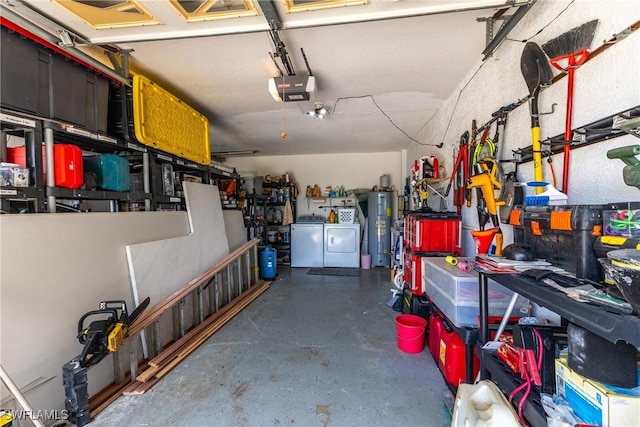 1234 SE 13th Ave, Cape Coral, FL 33990 - garage with washer and clothes dryer, water heater, a garage door opener, and a workshop area
