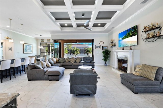 605 SW 39th Ave, Cape Coral, FL 33991 - living room with ceiling fan, ornamental molding, coffered ceiling, a premium fireplace, and beamed ceiling