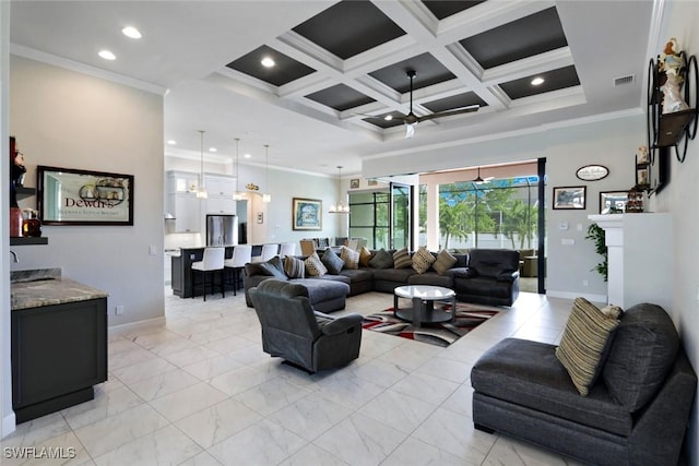 605 SW 39th Ave, Cape Coral, FL 33991 - living room with ornamental molding, coffered ceiling, baseboards, recessed lighting, and beam ceiling