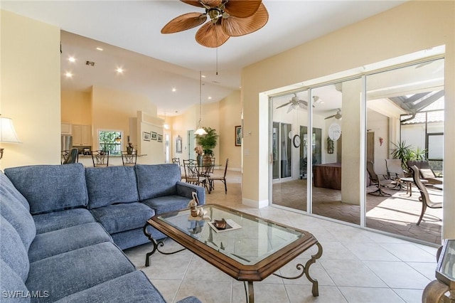 16121 Sand Ridge Ct, Fort Myers, FL 33908 - living room with ceiling fan, light tile patterned floors, plenty of natural light, and recessed lighting