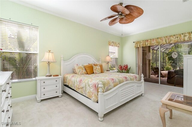 16121 Sand Ridge Ct, Fort Myers, FL 33908 - bedroom featuring access to exterior, light carpet, ornamental molding, baseboards, and ceiling fan
