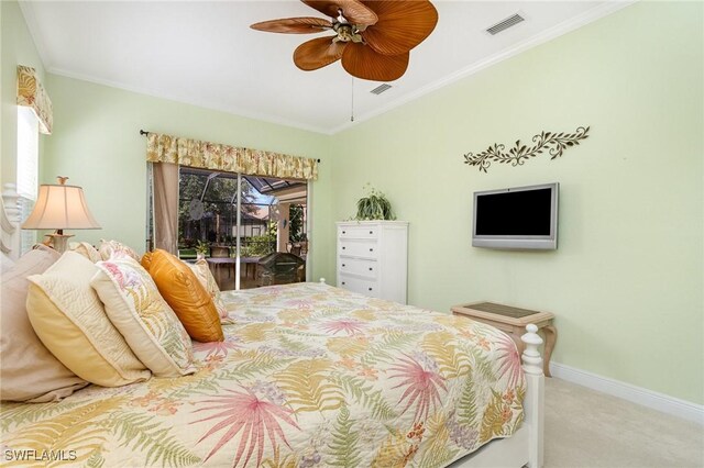 16121 Sand Ridge Ct, Fort Myers, FL 33908 - bedroom with access to exterior, carpet, crown molding, baseboards, and ceiling fan