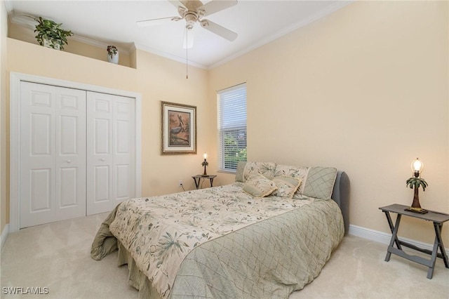 16121 Sand Ridge Ct, Fort Myers, FL 33908 - bedroom with carpet, a closet, baseboards, ornamental molding, and ceiling fan