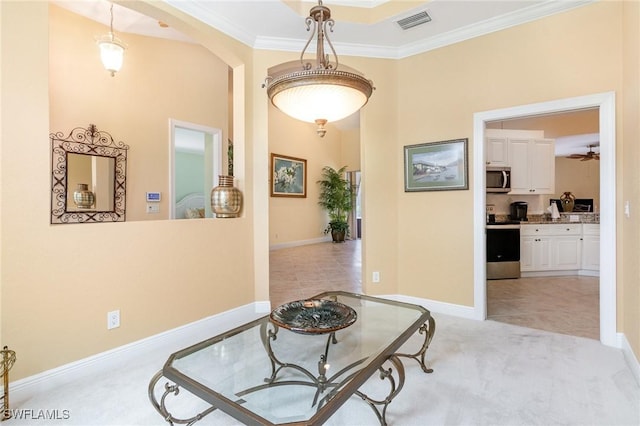 16121 Sand Ridge Ct, Fort Myers, FL 33908 - hall featuring crown molding, light carpet, baseboards, and light tile patterned floors