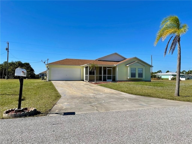 single story home with an attached garage, a front yard, driveway, and a shingled roof