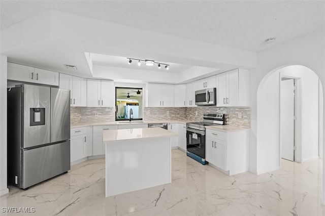 1306 SW 10th Pl, Cape Coral, FL 33991 - kitchen with stainless steel appliances, a sink, decorative backsplash, and a raised ceiling
