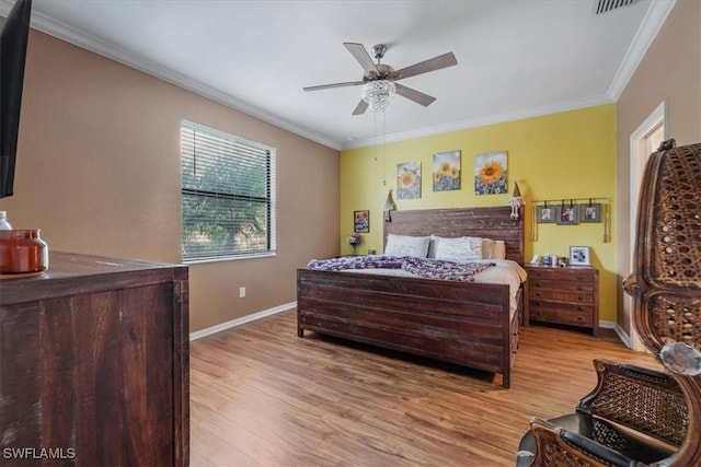 9052 Glenforest Dr, Naples, FL 34120 - bedroom with light wood-style flooring, baseboards, crown molding, and ceiling fan