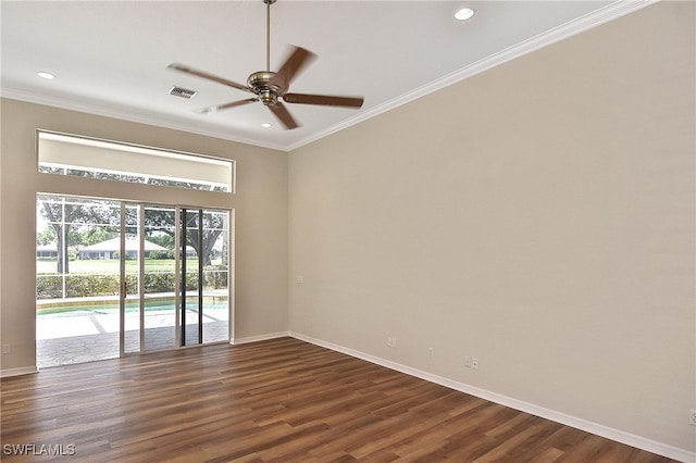 19741 Vintage Trace Cir, Estero, FL 33967 - spare room with ceiling fan, ornamental molding, baseboards, dark wood-type flooring, and recessed lighting