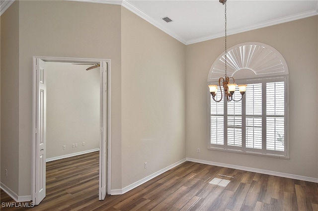 19741 Vintage Trace Cir, Estero, FL 33967 - spare room with dark wood-style flooring, a chandelier, ornamental molding, and baseboards