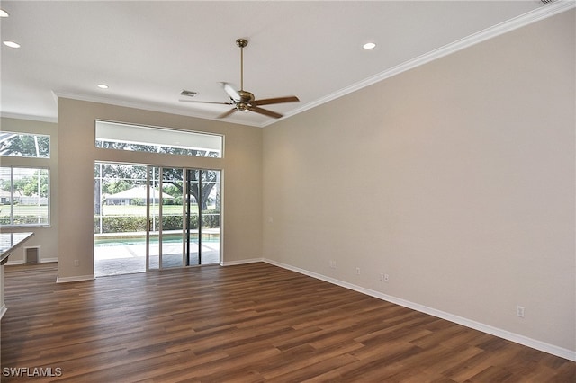 19741 Vintage Trace Cir, Estero, FL 33967 - empty room with plenty of natural light, ceiling fan, crown molding, dark wood-type flooring, and baseboards