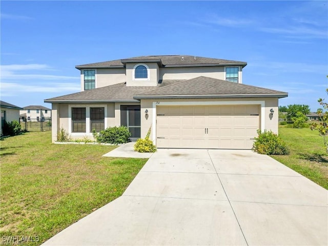 154 Shadowview Ct, Lehigh Acres, FL 33974 - view of front of house featuring stucco siding, an attached garage, concrete driveway, and a shingled roof
