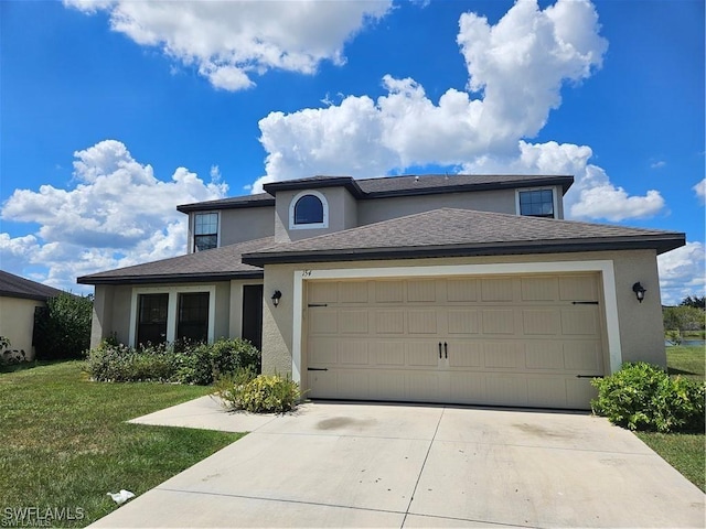 154 Shadowview Ct, Lehigh Acres, FL 33974 - view of front of home featuring stucco siding, an attached garage, driveway, and a front lawn
