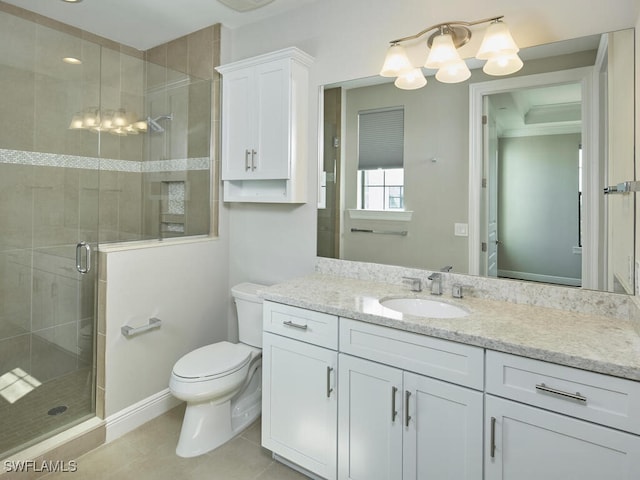 4771 Via Del Corso Ln Unit 302, Bonita Springs, FL 34134 - bathroom featuring toilet, vanity, a shower stall, tile patterned floors, and a chandelier