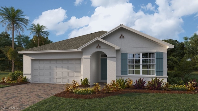 1267 Brumfield Xing, Fort Myers, FL 33905 - view of front facade with decorative driveway, an attached garage, stucco siding, a front yard, and a shingled roof